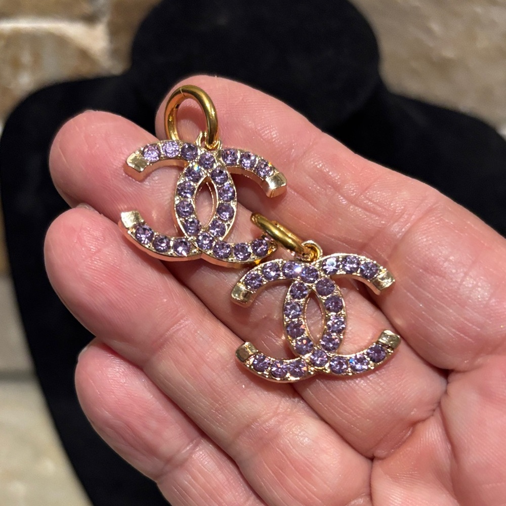 Gold and Lavender CC Crystal Earrings - Picture 2 of 4